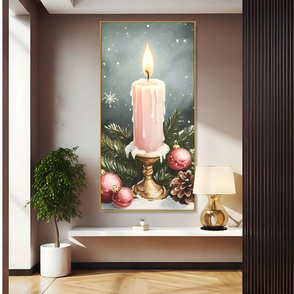 Tablou canvas cu tablou canvas cu lumanare roz si globuri, in rama de aluminiu auriu
